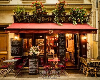 Paris Bistro Photograph Outdoor cafe Photo Paris Restaurant Paris Street scene Decor Flowers Red Wall Art par163