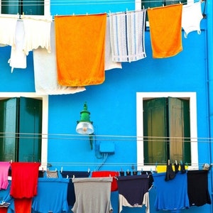 Burano Photograph, Italy Photography Hanging Laundry Photo Indigo Blue Orange Italian Colors Shabby Chic ita49