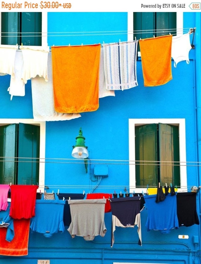 Burano Photograph, Italy Photography Hanging Laundry Photo Indigo Blue Orange Italian Colors Shabby Chic ita49 image 1