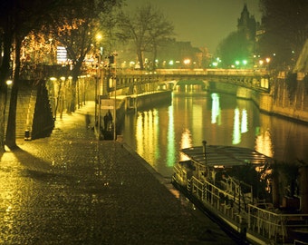 Paris Photography, Seine River Photo, Foggy Paris Night France Print Bridge Boats Neuf  par35