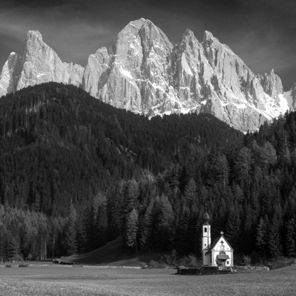Dolomite Photograph Italy Black and White Photo Tyrolean Landscape Austrian Mountains Church Adige Wall Art ita121