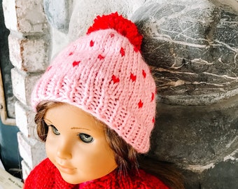 Valentine's Day Doll Hat, 18 Inch Doll Beanie, Hearts Doll Hat, Girl Doll Beanie, Custom Doll Accessories, Gift Idea, AG Doll, Knit Doll Hat