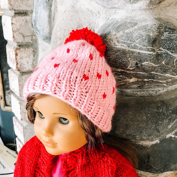 Valentine's Day Doll Hat, 18 Inch Doll Beanie, Hearts Doll Hat, Girl Doll Beanie, Custom Doll Accessories, Gift Idea, AG Doll, Knit Doll Hat