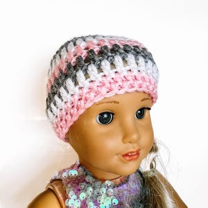 Pink Striped Doll Hat, Pink Gray White Hat, 18 Inch Doll Beanie, Girl Doll Accessories, Stocking Stuffer