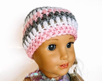Pink Striped Doll Hat, Pink Gray White Hat, 18 Inch Doll Beanie, Girl Doll Accessories, Stocking Stuffer