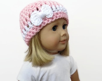 Doll Hat with Bow, 18 Inch Doll Clothes, Pink Doll Hat, Crocheted Doll Beanie