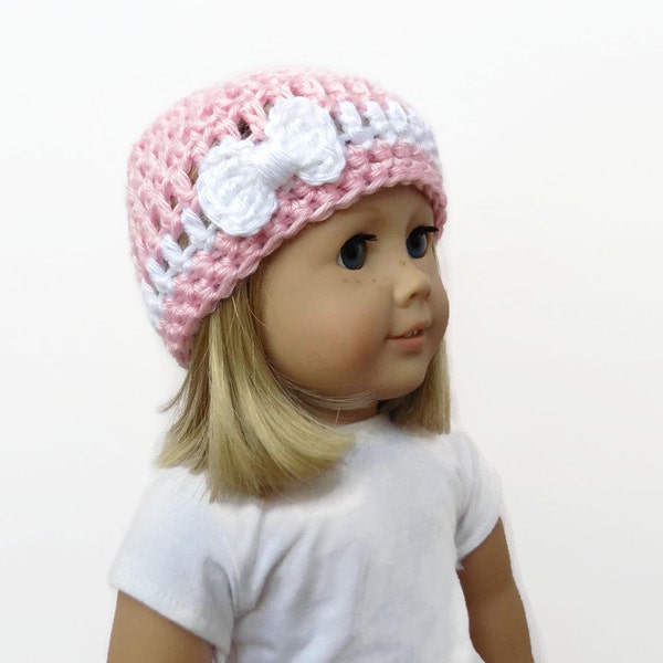 Doll Hat with Bow, 18 Inch Doll Clothes, Pink Doll Hat, Crocheted Doll Beanie