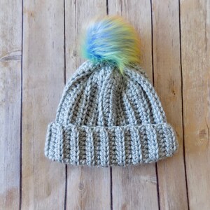 Pom Pom Hat, Knit Baby Hat, 6-12 Month Hat, Rainbow Pom Pom, Gray Hat, Baby Girl Accessories, Baby Girl Clothes, Knit Baby Beanie image 4