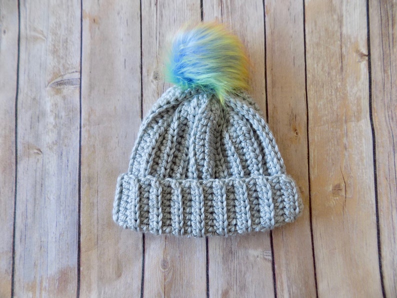 Pom Pom Hat, Knit Baby Hat, 6-12 Month Hat, Rainbow Pom Pom, Gray Hat, Baby Girl Accessories, Baby Girl Clothes, Knit Baby Beanie image 4