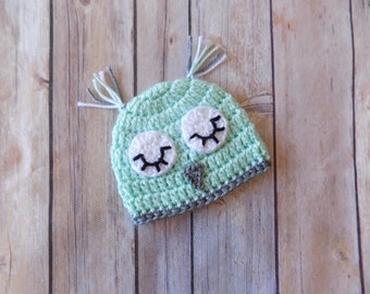 Mint Owl Hat, Light Green Owl Hat, Baby Owl Beanie, Micropreemie hat, Micro Preemie Hat, Sleeping Owl Hat