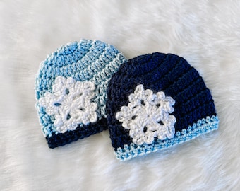 Baby Snowflake Hat, Micropreemie Baby Beanie, Knit Preemie Hat, Crochet Baby Cap, Winter, Baby Shower Gift, Blue Knit Baby Hat
