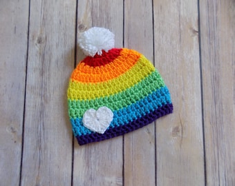 Regenboogbabymutsje, gehaakte regenboogbabymuts, regenboogbabyjongen, regenboogbabymeisje, regenboogbaby, pomponmuts, regenboogmuts