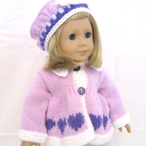American Girl Doll Sweater Beret Set Purple White Hearts