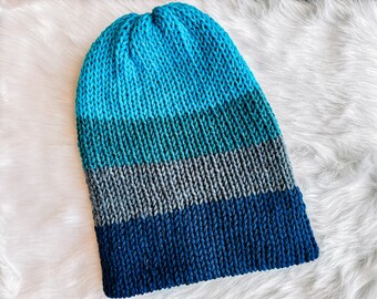 Womens Knit Hat, Blue Stripe Knit Hat, Blue Glitter Hat, Slouch Beanie, Knit Slouch Hat, Winter Hat, Teenage Girl Knit Beanie, Handmade