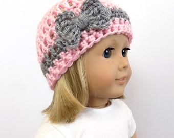 18 inch doll hat, doll clothing, Doll Hat with Bow, Pink Doll Hat, Doll Accessories, Girls Gift Idea, Toys, Pink and Gray Doll Beanie