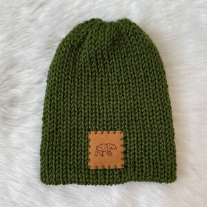 May include: A green knitted beanie with a brown leather patch featuring a geometric bear design.