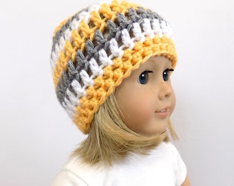 Yellow and Gray Striped Doll Hat, Doll Clothes, 18 Inch Doll Beanie