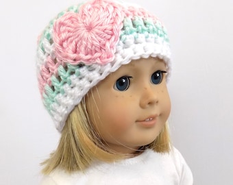 Striped Doll Hat, Crochet Heart Beanie, 18 Inch Doll Hat
