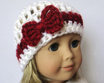 Crochet Doll Hat - Knit Bow Beanie - 18 Inch Doll Clothes