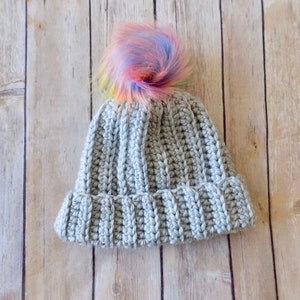 Pom Pom Hat, Knit Baby Hat, 6-12 Month Hat, Rainbow Pom Pom, Gray Hat, Baby Girl Accessories, Baby Girl Clothes, Knit Baby Beanie image 3