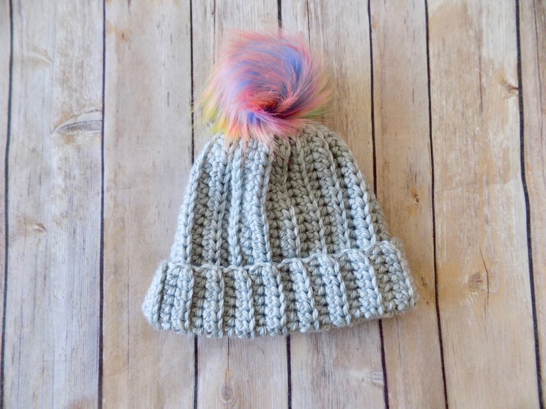 Pom Pom Hat, Knit Baby Hat, 6-12 Month Hat, Rainbow Pom Pom, Gray Hat, Baby Girl Accessories, Baby Girl Clothes, Knit Baby Beanie image 3