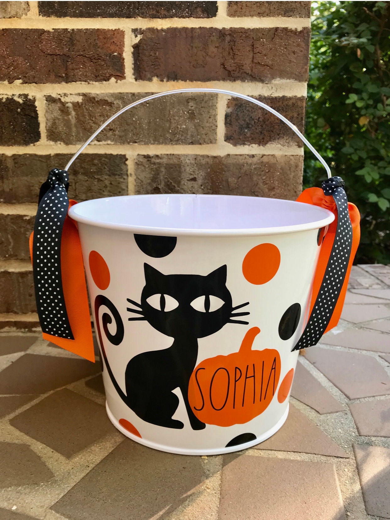 Personalized 5QT Halloween Trick or Treat Bucket with Handles/White with Black Cat and Pumpkin & Name/Many Designs to Choose From