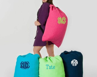 Monogrammed Large Waffle Weave Laundry Bags; Available in 5 Colors; Perfect for Guys & Girls; Graduation Present or Perfect for Summer Camp