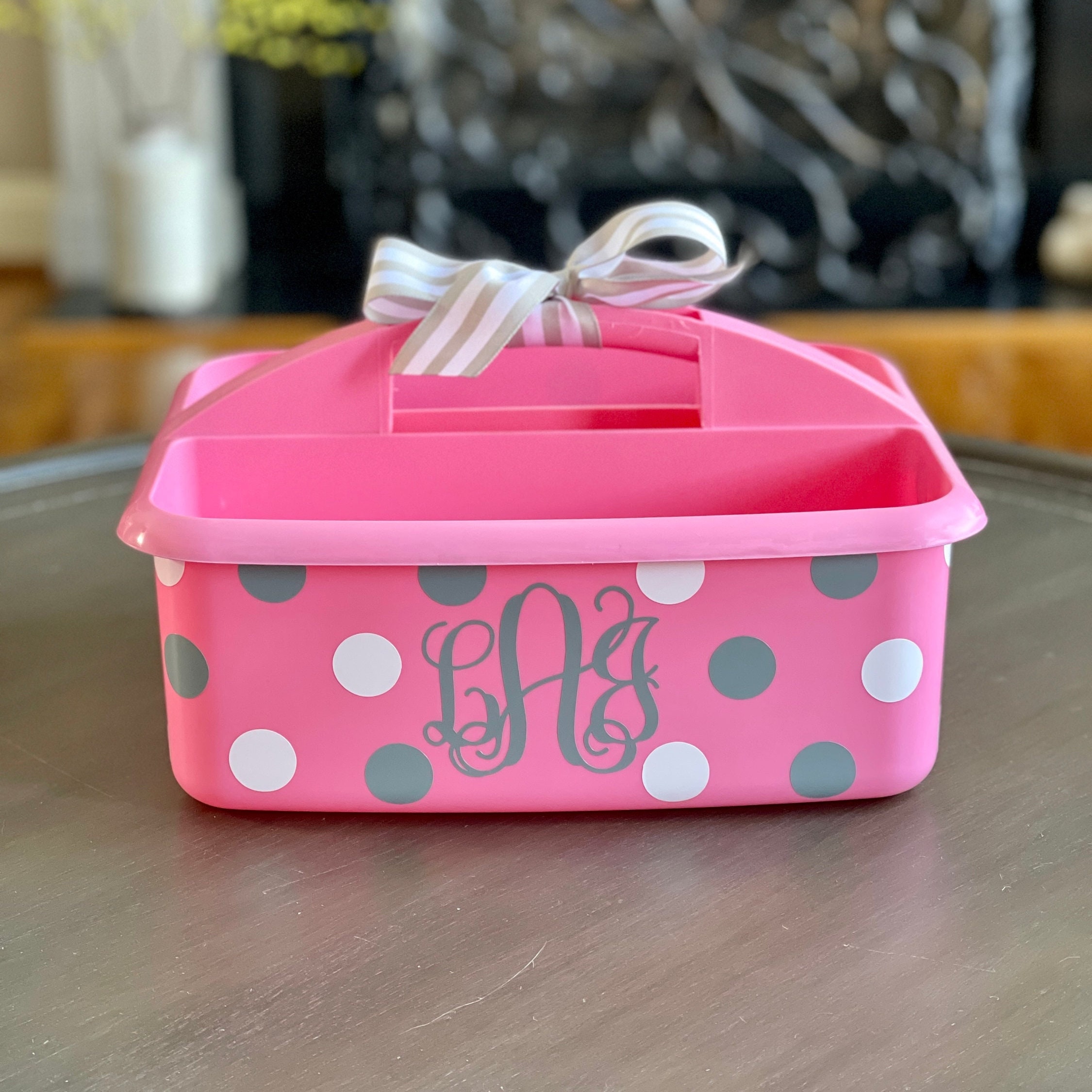 Personalized Light Pink Shower Caddy With Polka Dots With Name