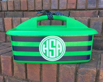 Personalized Green Shower Caddy with Stripes and Initials; Graduation Present; Great Teacher Gift Too; 8 Color Options; Craft Organizer