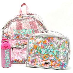 SALE | 3 Piece Set Personalized Flower Shop Clear Confetti Backpack,Lunchbox & Glitter Water Bottle | 2 Backpack Sizes | Girl Back to School