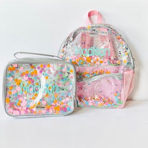 SALE | Personalize Flower Clear Confetti Backpack & Matching Lunchbox Set | 2 Backpack Sizes to Choose From | Flower Shop Collection