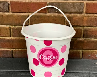 Personalized Rope Pail Bucket for Girls and Boys with Polka Dots; Halloween,Birthday/Easter, School; 10 Pail Colors; Many Design Options