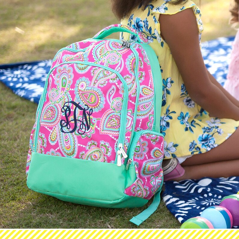 Lunch Box /& Tote Bag; Back to School; Girls Luggage Set Monogrammed Hot Pink Paisley Lizzie Backpack Special 3 Piece Set