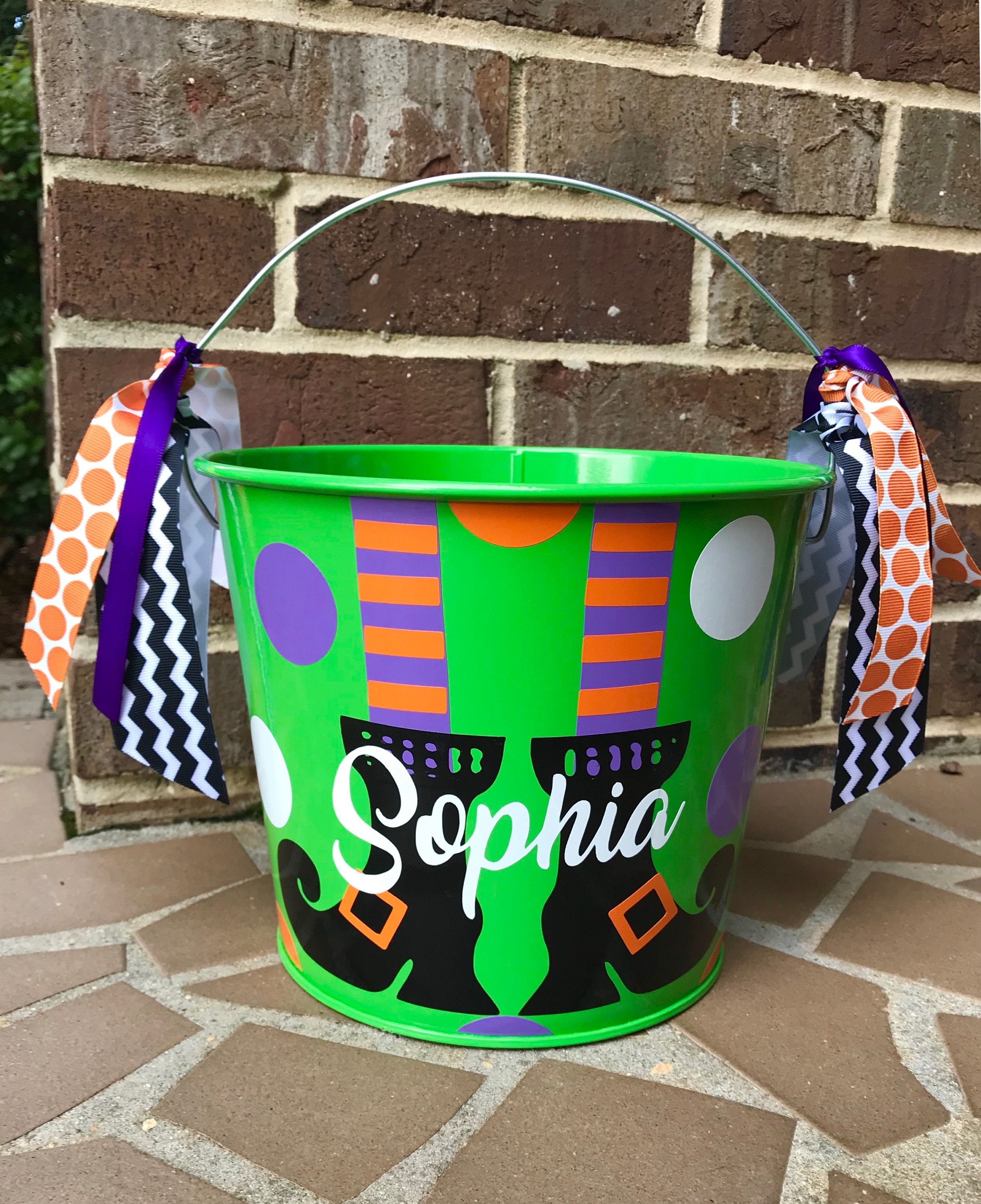 5 QT Halloween Trick or Treat Bucket w/Handles/Personalized/White with Witches Feet /Many Designs to Choose From