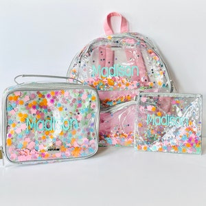 OFERTA / Personalice su mochila, estuche y lonchera con confeti transparente de floristería / 2 tamaños de mochila a elegir / Colección de floristería