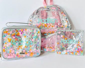 SALE | Personalize Flower Shop Clear Confetti Backpack, Pencil Pouch & Lunchbox Set| 2 Backpack Sizes to Choose From| Flower Shop Collection