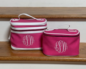 Monogrammed 2 Piece Canvas Cosmetic Train Cases; 2 Color Options; Great Bridesmaid, Graduations, Birthday, Mother's Day and Christmas Gift