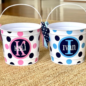 10QT Personalized Bucket with Double Circle with Name & Initial and Polka Dots;Several Bucket Colors Options;Baby Showers and Easter Buckets