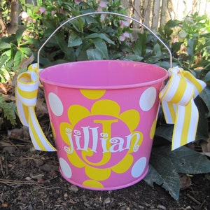 Personalized 5QT Easter Bucket w/Flower Appliqué w/Name and Large Initial and Polka Dots; Many Bucket Colors Options; Easter/Birthday Bucket
