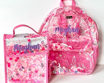 Personalized Pink Party Clear Confetti Backpack & Lunchbox 2 Piece Set; Back to School for Girls of All Ages; 2 Backpack Size Options