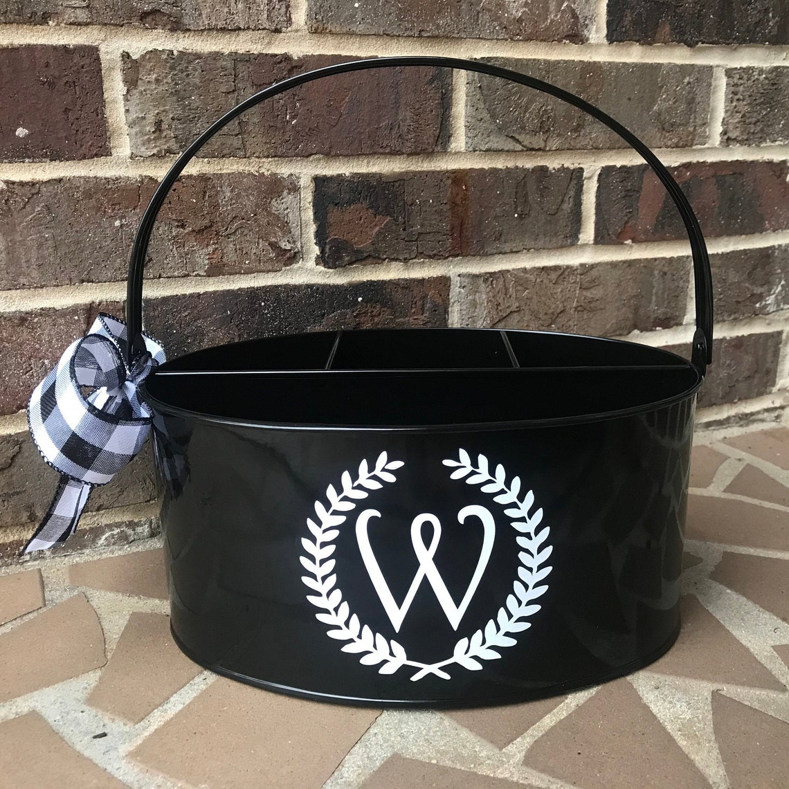 Black Personalized Utensil Caddy With Letter and Wreath Frame Etsy