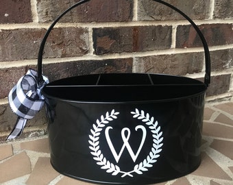 Black Personalized Utensil Caddy with Letter and Wreath Frame; 7 Color Options; Great for Entertaining/Craft Organizer; Makes a Great Gift