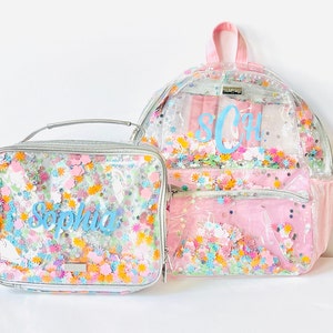 SALE | Personalized Flower Shop Clear Confetti Backpack & Matching Lunchbox Set | 2 Backpack Sizes to Choose From; Girl Back to School