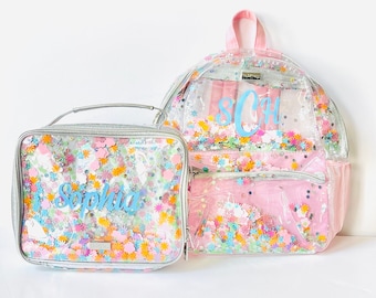 SALE | Personalized Flower Shop Clear Confetti Backpack & Matching Lunchbox Set | 2 Backpack Sizes to Choose From; Girl Back to School