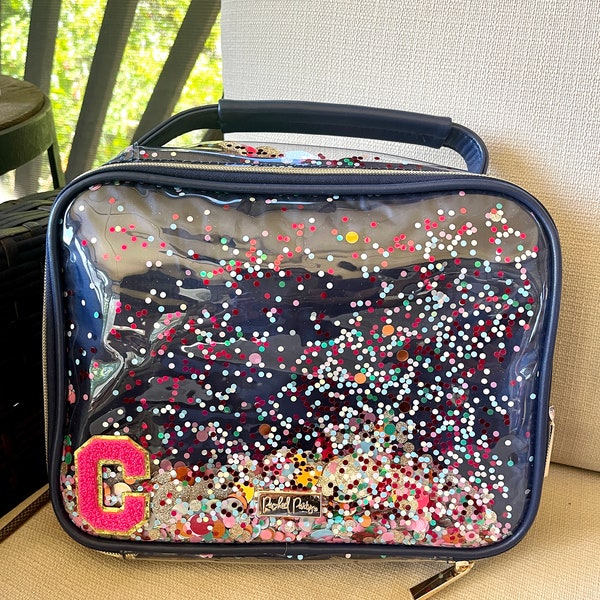 Personalized Essentials Confetti Lunchbox Trimmed in Navy; Can personalize with chenille letters or a vinyl custom sticker