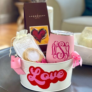 Valentine Small White Round Metal Bucket for Teacher Gift, Snack Basket, Valentine&#39;s Day;Client/Corporate Gift