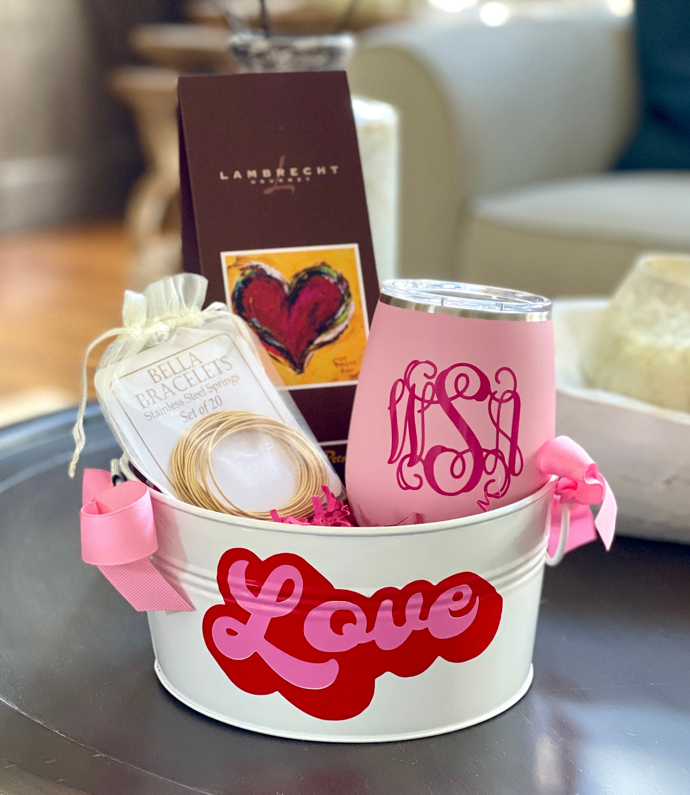 Valentine Small White Round Metal Bucket for Teacher Gift, Snack Basket, Valentine's Day;Client/Corporate Gift