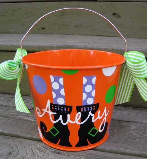5 QT Halloween Trick or Treat Bucket w/Handles/Personalized/White with Witches Feet /Many Designs to Choose From