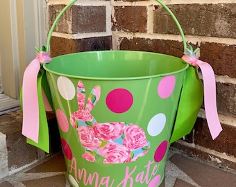 Girl Personalized Easter Bucket; Floral Bunny Easter Bucket; Custom Easter Bucket; Several Buckets Sizes & Color to Choose From