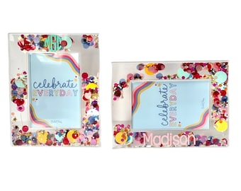 Personalized Celebrate Every Day Confetti Acrylic Picture Frame; Holds a 4 x 6 picture;Girl picture frame; Great Girl Gift for all Occasions